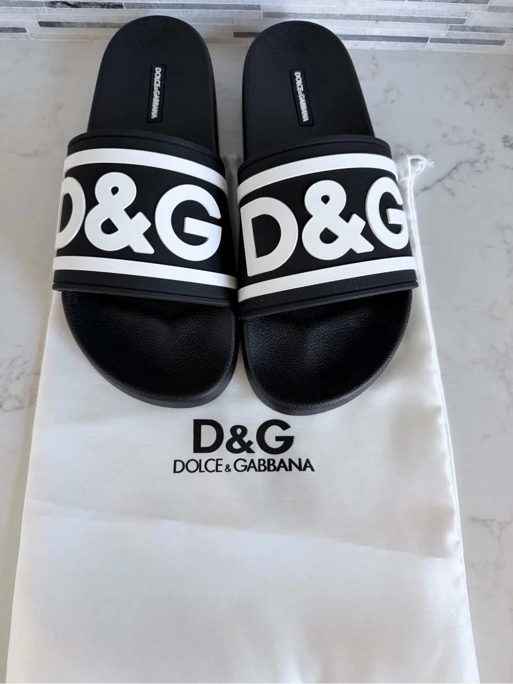 New Men’s  D&G Dolce & Gabbana Black & White Logo Slide Sandals size 9